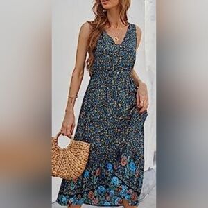 Brovave Floral Bohemian Sundress Long Size L Pockets Button Front Viscose EUC